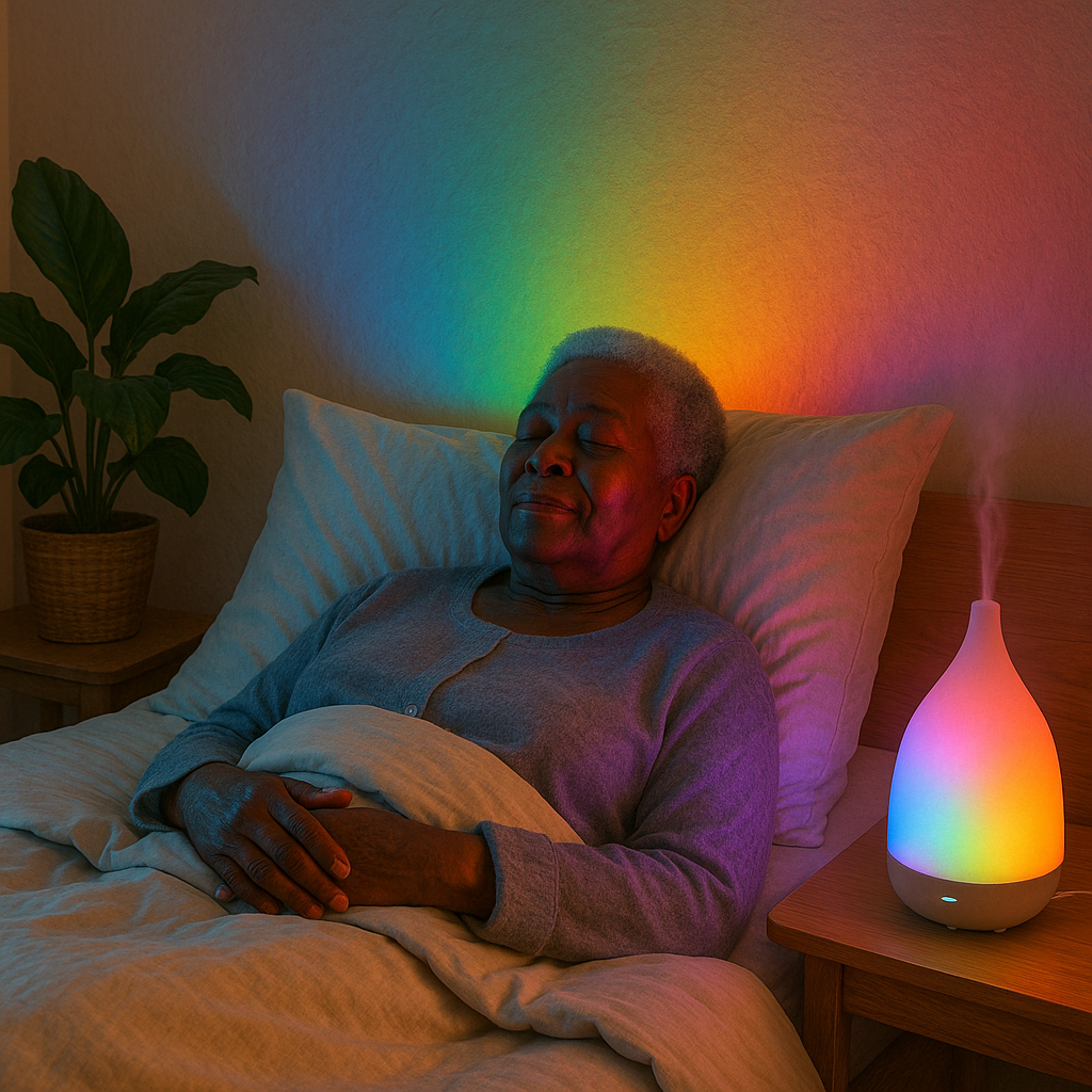Cromoterapia, idosa descansando sob efeito cromático